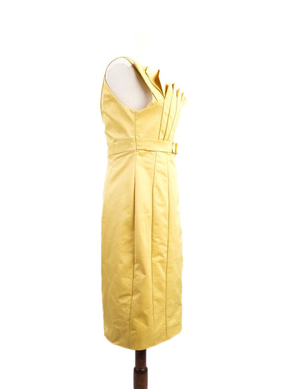 Good Karen Millen Yellow Dress M Square Neckline Pleated Detail
