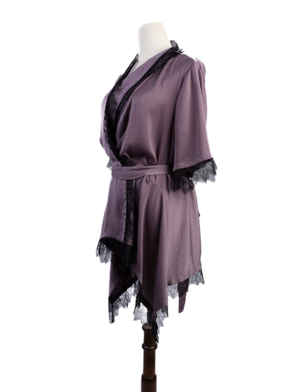 Excellent BCBGMaxazria Gray Satin Robe with Black Lace Size L