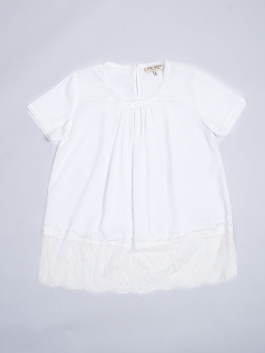 Excellent TWINSET White Cotton Blouse Size 12 with Lace Trim