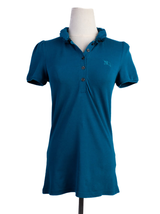Excellent Burberry Blue Cotton Polo Shirt Women XS with Ruffle Collar