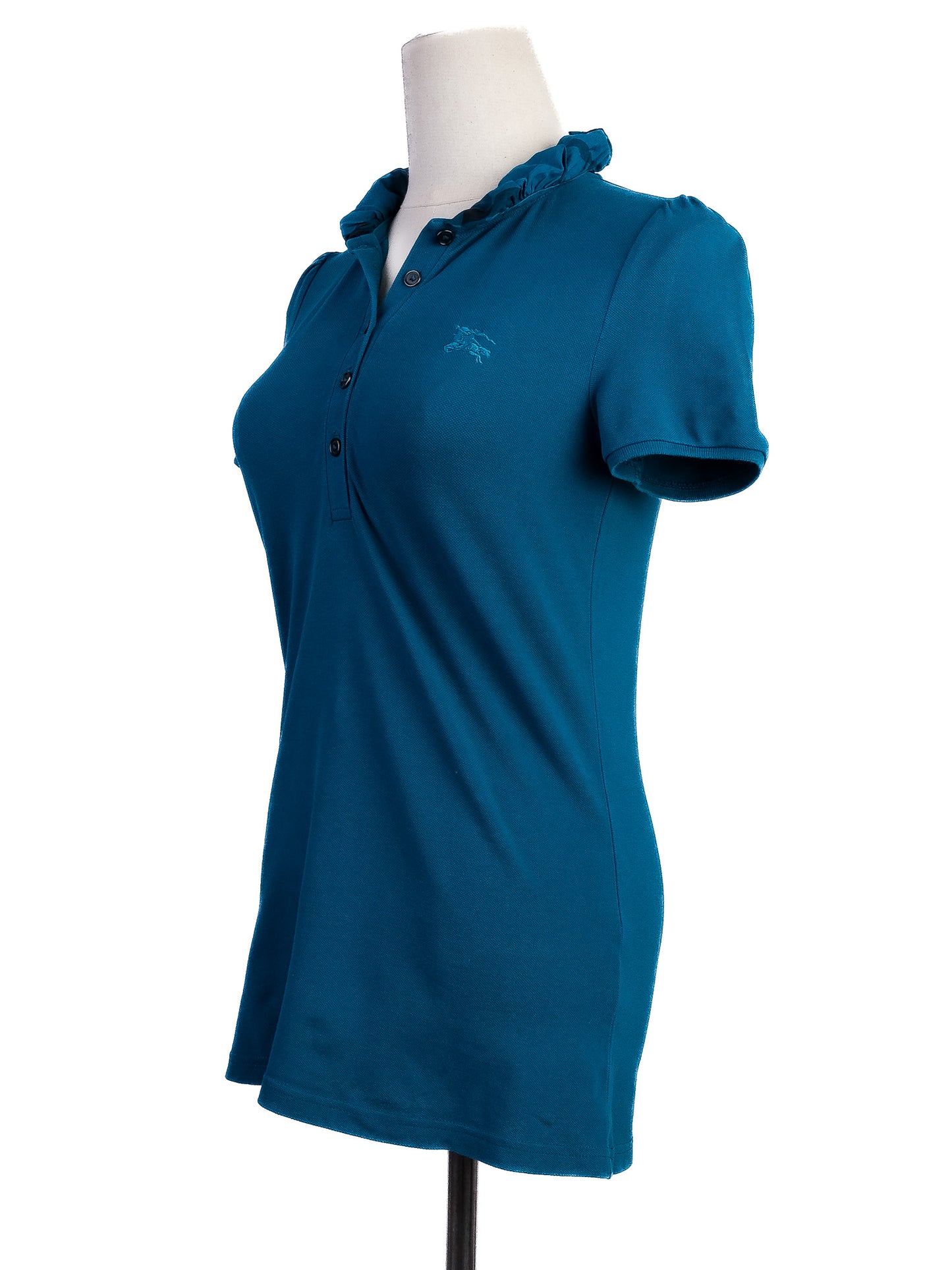 excellent burberry blue cotton polo shirt women xs with ruffle collar