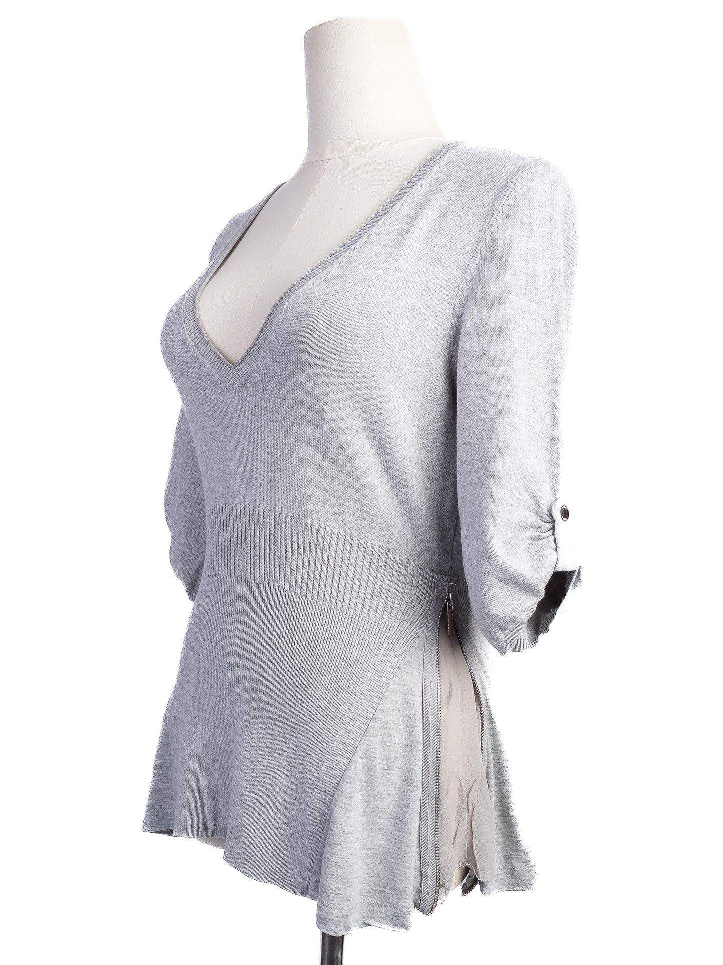 karen millen gray knit sweater xs v-neck half sleeve excellent