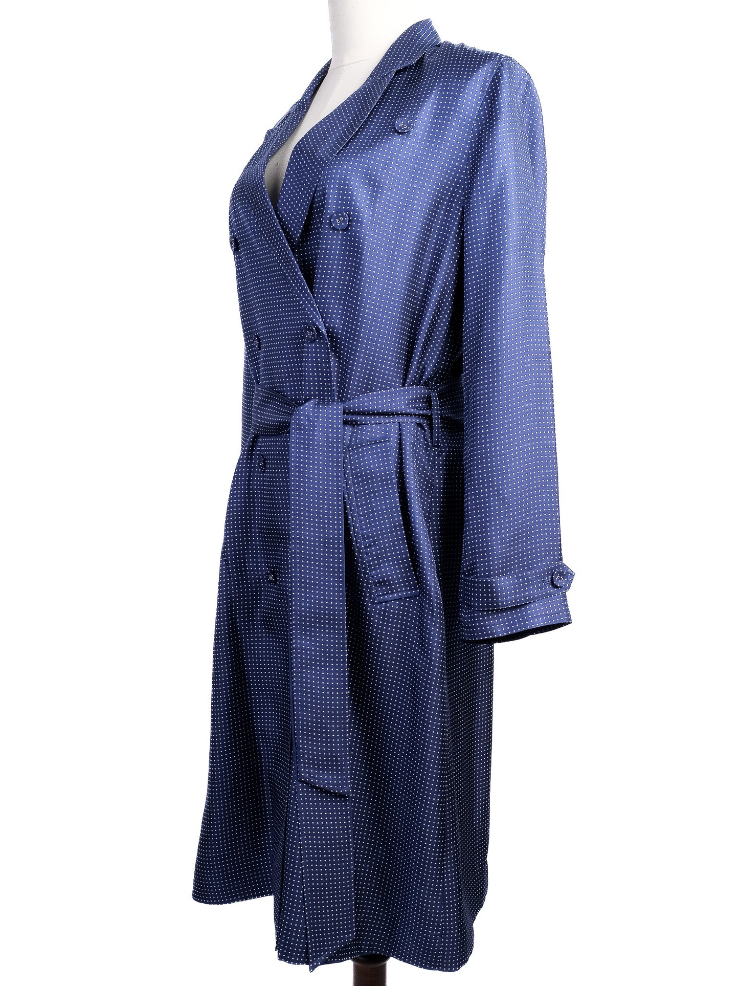 excellent j. crew blue polka dot silk trench coat with belt