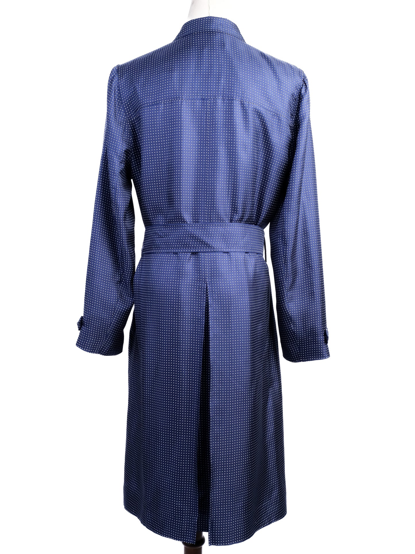 excellent j. crew blue polka dot silk trench coat with belt