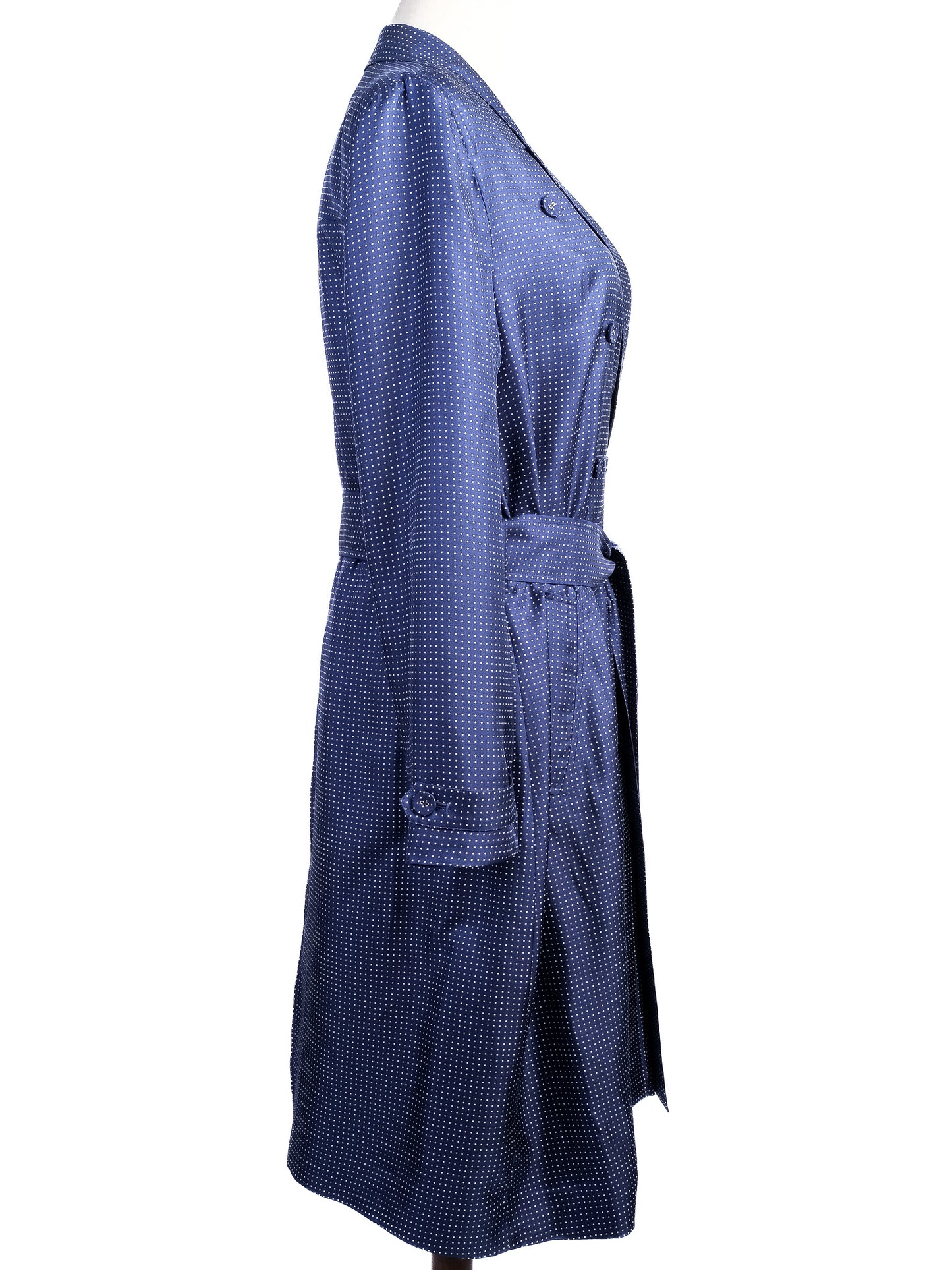 excellent j. crew blue polka dot silk trench coat with belt