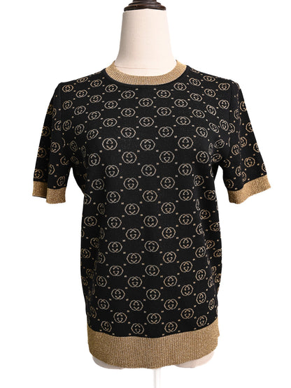 Perfect Gucci Black Wool Short-Sleeved Sweater with Gold Accents