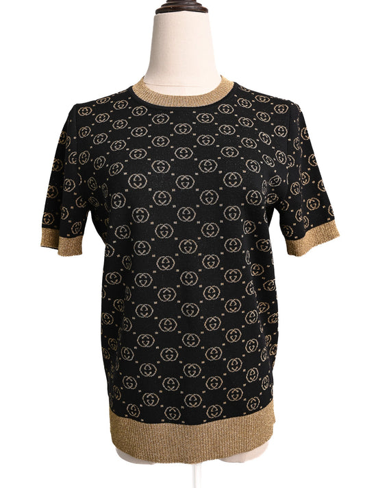 Perfect Gucci Black Wool Short-Sleeved Sweater with Gold Accents