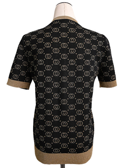 Perfect Gucci Black Wool Short-Sleeved Sweater with Gold Accents