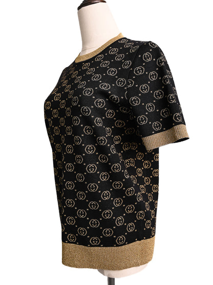 Perfect Gucci Black Wool Short-Sleeved Sweater with Gold Accents