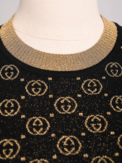 Perfect Gucci Black Wool Short-Sleeved Sweater with Gold Accents