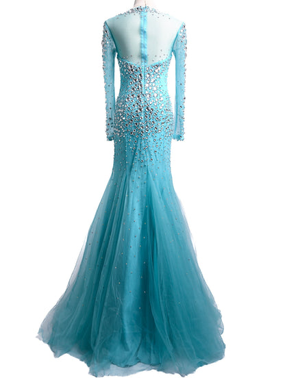 Excellent Sherri Hill Blue Silk Gown with Long Sleeves