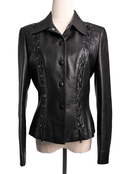 Good Escada Black Leather Jacket Size M with Lacing Details