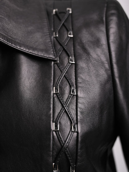 Good Escada Black Leather Jacket Size M with Lacing Details