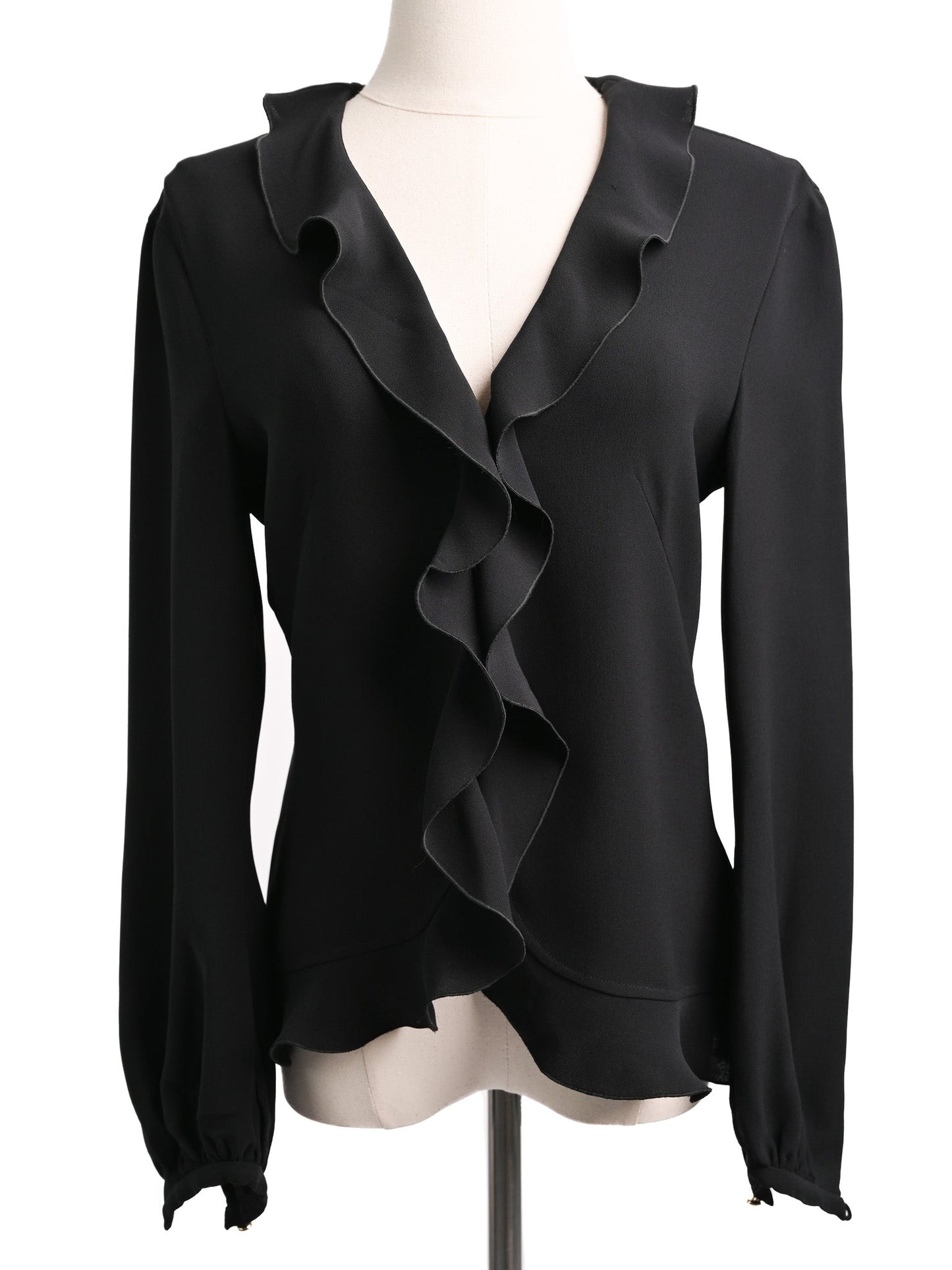 excellent escada black silk blouse xxs with ruffled detail