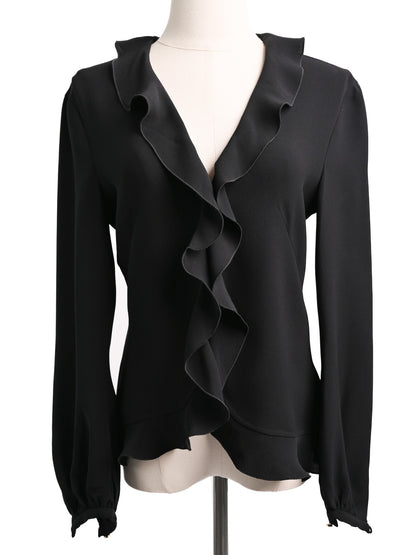 Excellent Escada Black Silk Blouse XXS with Ruffled Detail