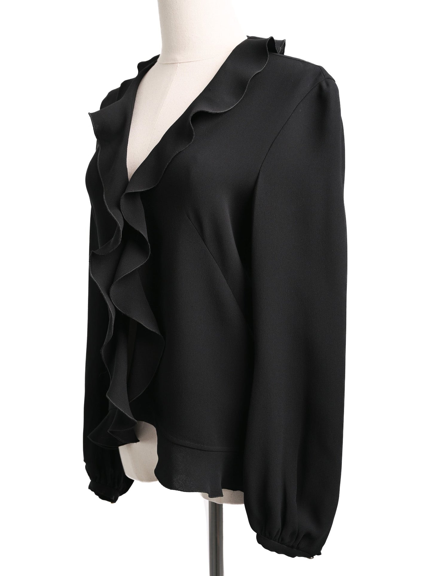 excellent escada black silk blouse xxs with ruffled detail
