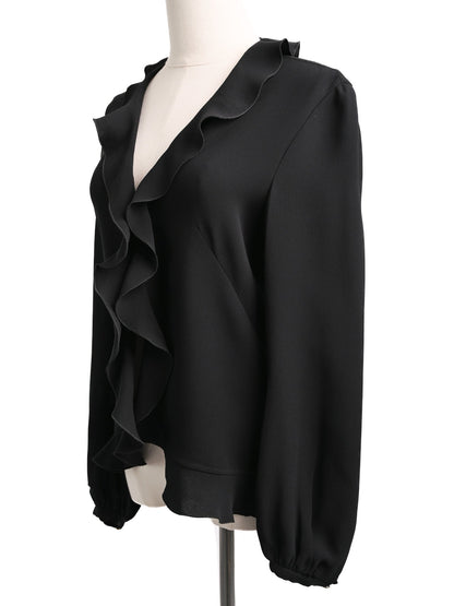 Excellent Escada Black Silk Blouse XXS with Ruffled Detail