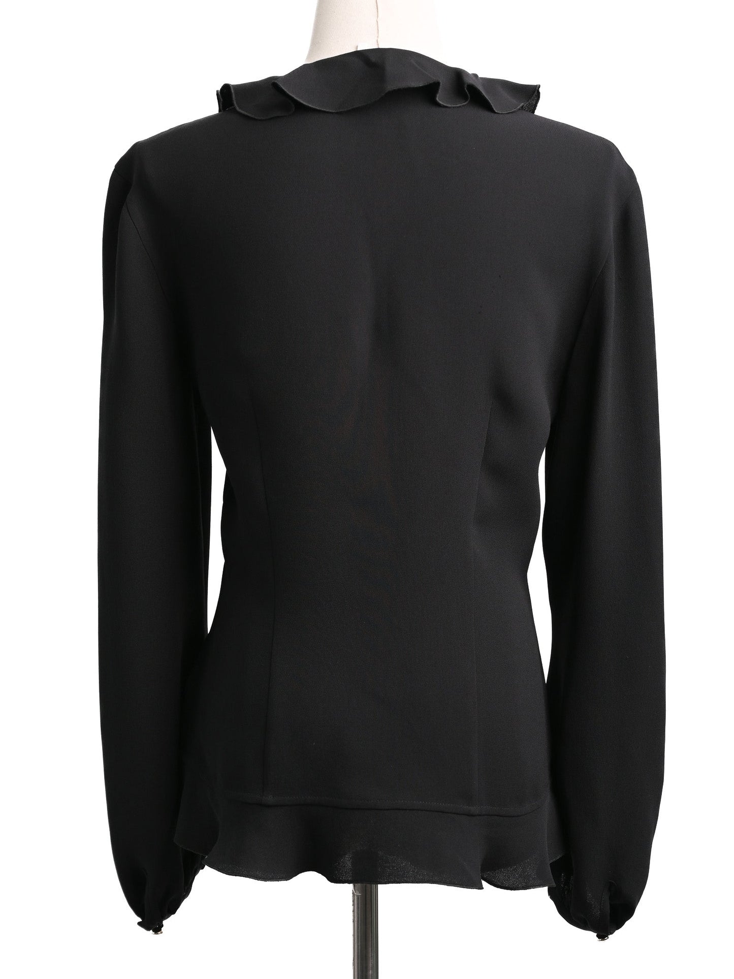 excellent escada black silk blouse xxs with ruffled detail