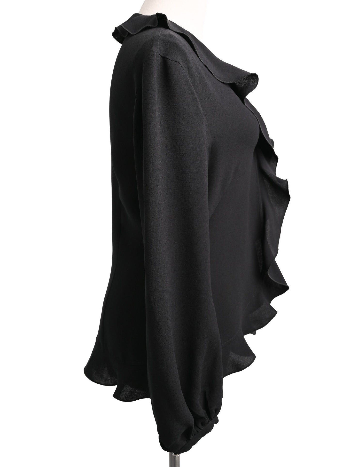excellent escada black silk blouse xxs with ruffled detail