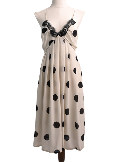 NEW Clips White Polka Dot Silk Dress with Black Lace Size M