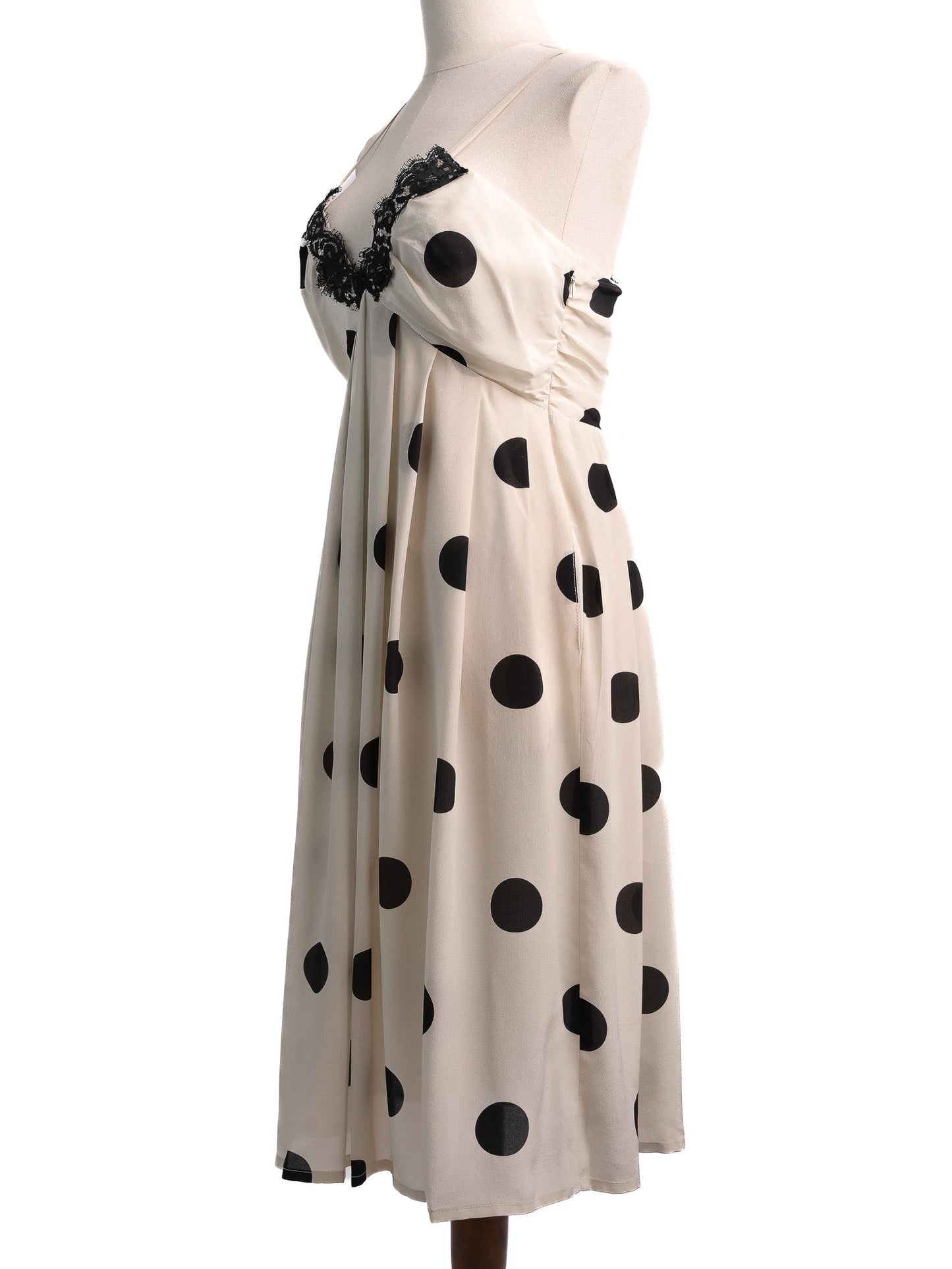new clips white polka dot silk dress with black lace size m