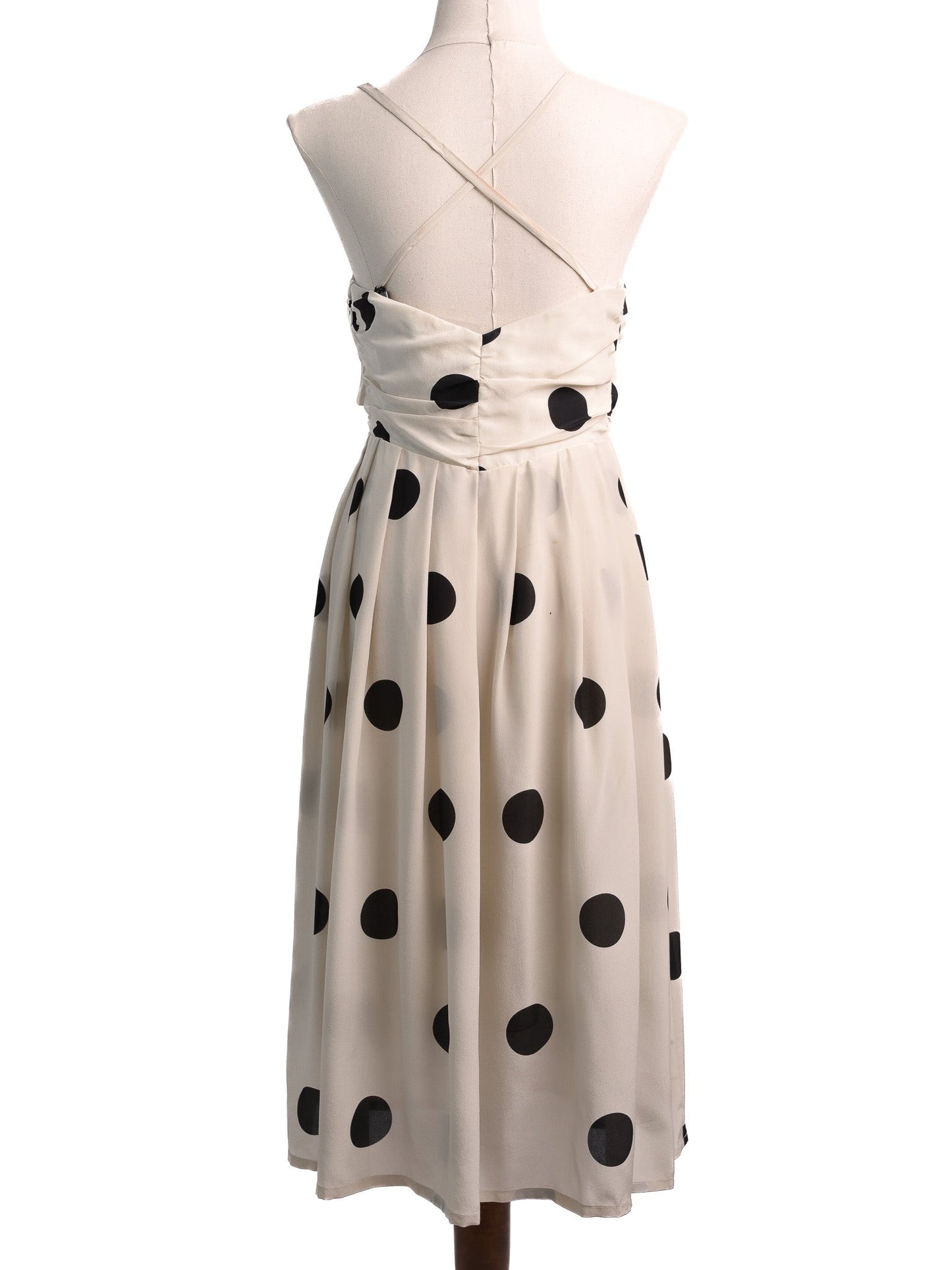 new clips white polka dot silk dress with black lace size m