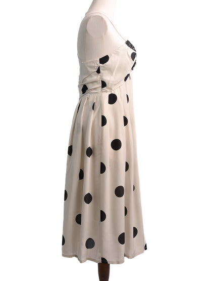 NEW Clips White Polka Dot Silk Dress with Black Lace Size M