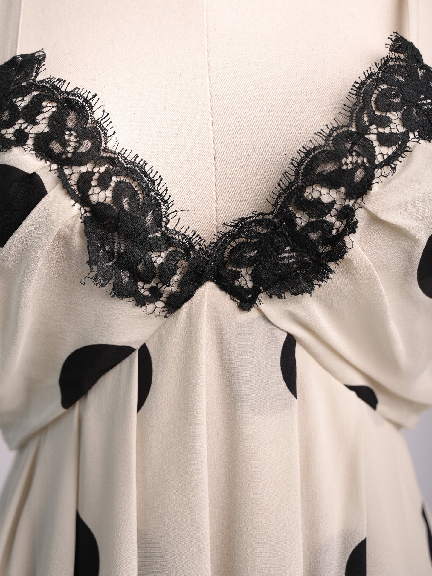 new clips white polka dot silk dress with black lace size m