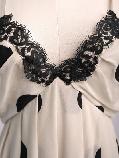 NEW Clips White Polka Dot Silk Dress with Black Lace Size M