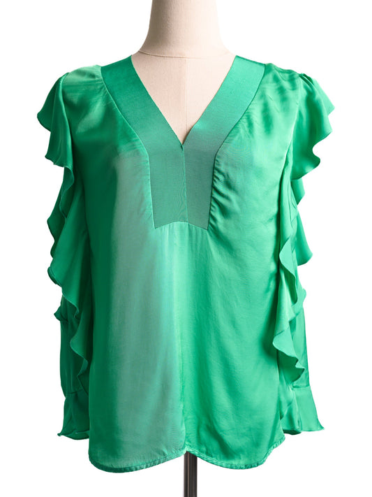 Excellent Sandro Green Blouse V-Neck Ruffled Sleeves Size L Women