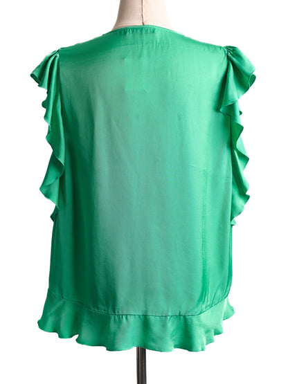 Excellent Sandro Green Blouse V-Neck Ruffled Sleeves Size L Women