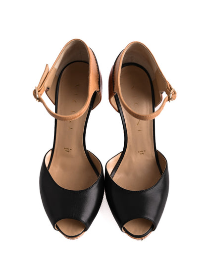 Good Vicini Peep-Toe High-Heels Black Tan Brown Leather Size 36.5