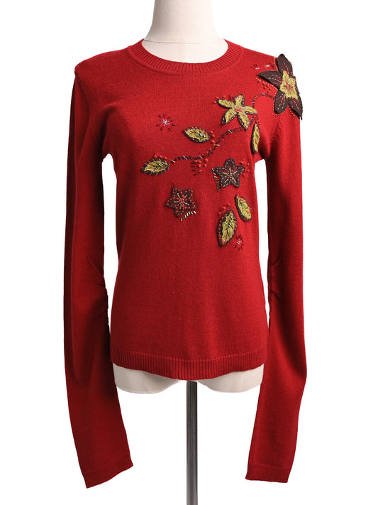 Excellent Kenzo Red Wool Sweater with Floral Embroidery Size M