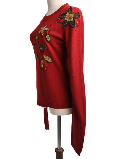 Excellent Kenzo Red Wool Sweater with Floral Embroidery Size M
