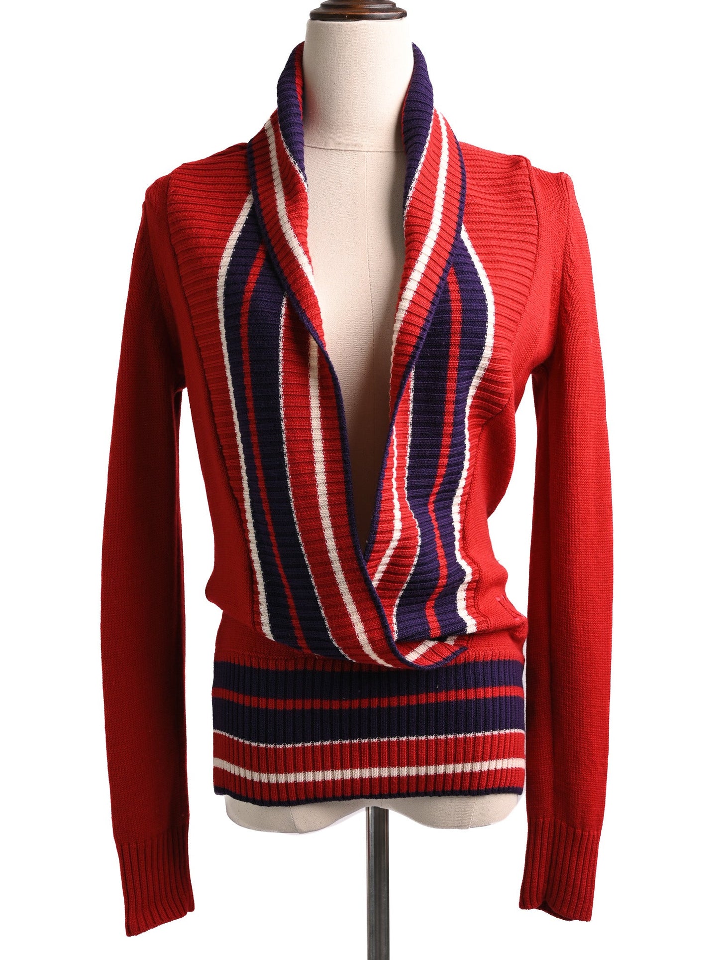 excellent iceberg red wool cardigan size s with striped details