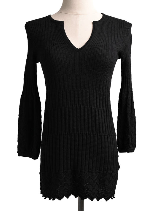 Excellent Missoni Black Wool Ribbed Sweater Dress XXS V-Neck