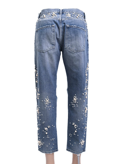 EXCELLENT Onedress Onelove Blue Distressed Jeans Size S with Pearls