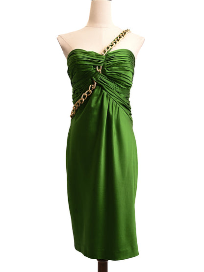 Dina Bar-EL Green Satin Dress Size S with Gold Chain Strap