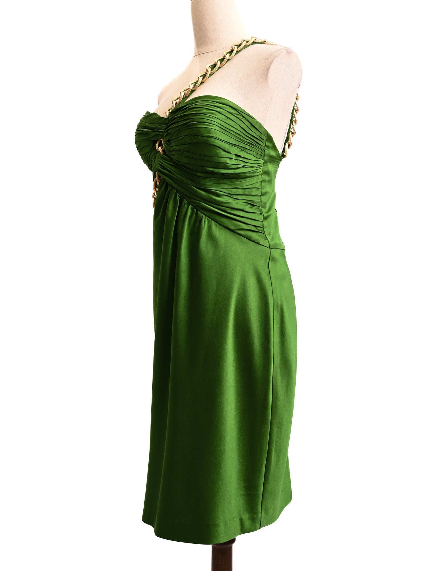 dina bar-el green satin dress size s with gold chain strap