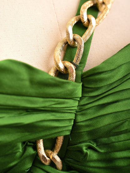 Dina Bar-EL Green Satin Dress Size S with Gold Chain Strap