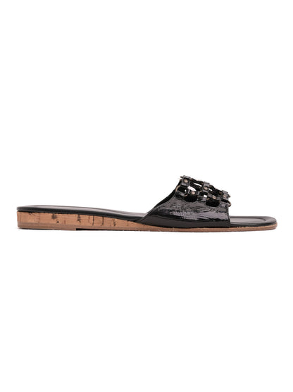 Good Sigerson Morrison Black Leather Slide Sandals with Decorative Studs