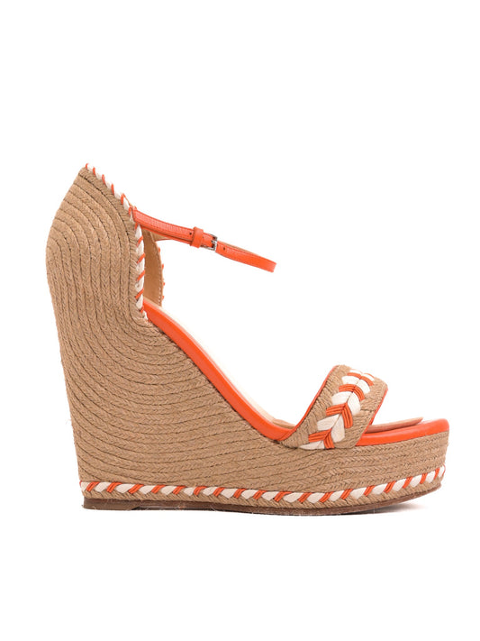 Good Gucci Wedge Sandals Size 38 Textile Orange White Accents