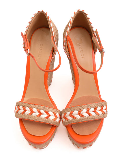 Good Gucci Wedge Sandals Size 38 Textile Orange White Accents