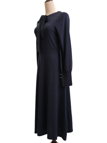 Excellent Dewl Women's Navy Blue Long-Sleeved Dress with Bow Tie