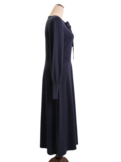 Excellent Dewl Women's Navy Blue Long-Sleeved Dress with Bow Tie