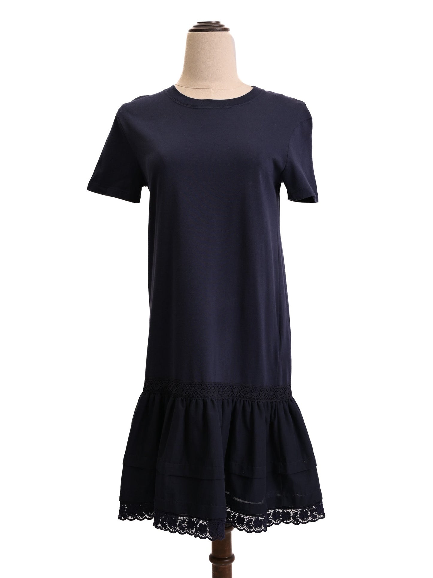 new valentino navy blue cotton dress xs with lacy hem