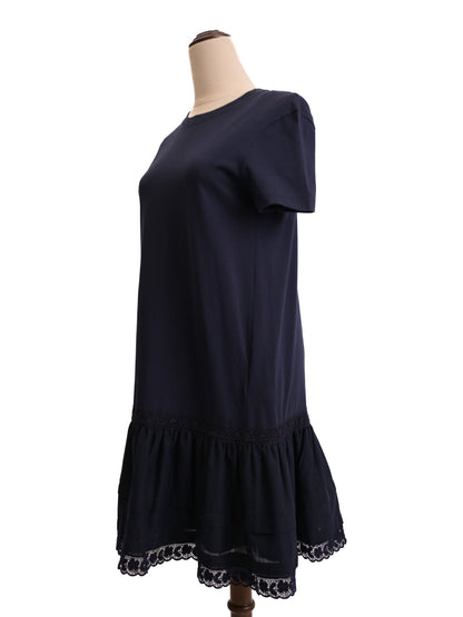 NEW Valentino Navy Blue Cotton Dress XS with Lacy Hem