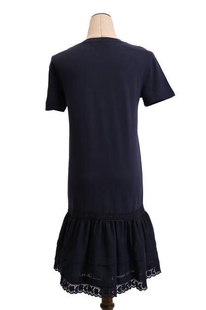 NEW Valentino Navy Blue Cotton Dress XS with Lacy Hem