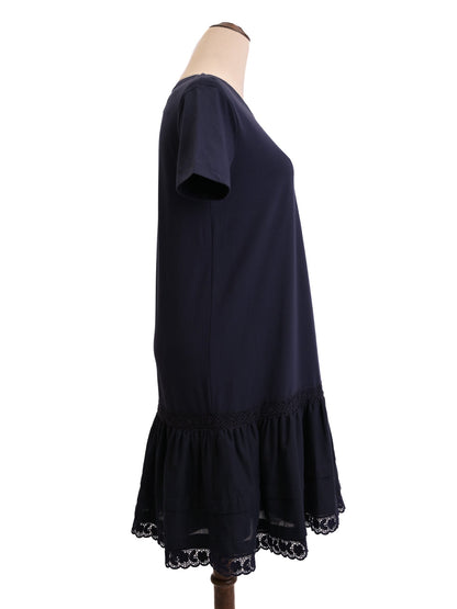 NEW Valentino Navy Blue Cotton Dress XS with Lacy Hem