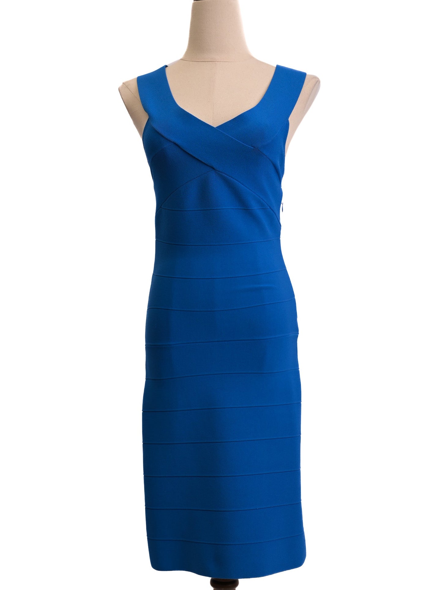 excellent reiss bodycon dress blue v-neck xs with criss-cross detail